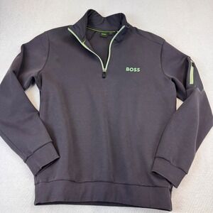 BOSS Men Sweatshirt Quarter Zip Pullover Charcoal Green Logo Athleisure Size L